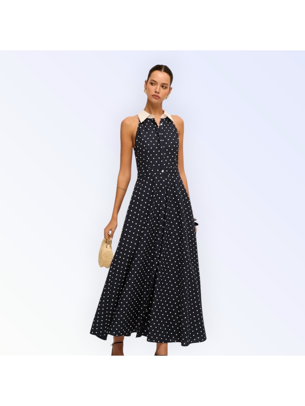 COMMENSE Navy polka dot halter maxi dress with white collar [COPY]